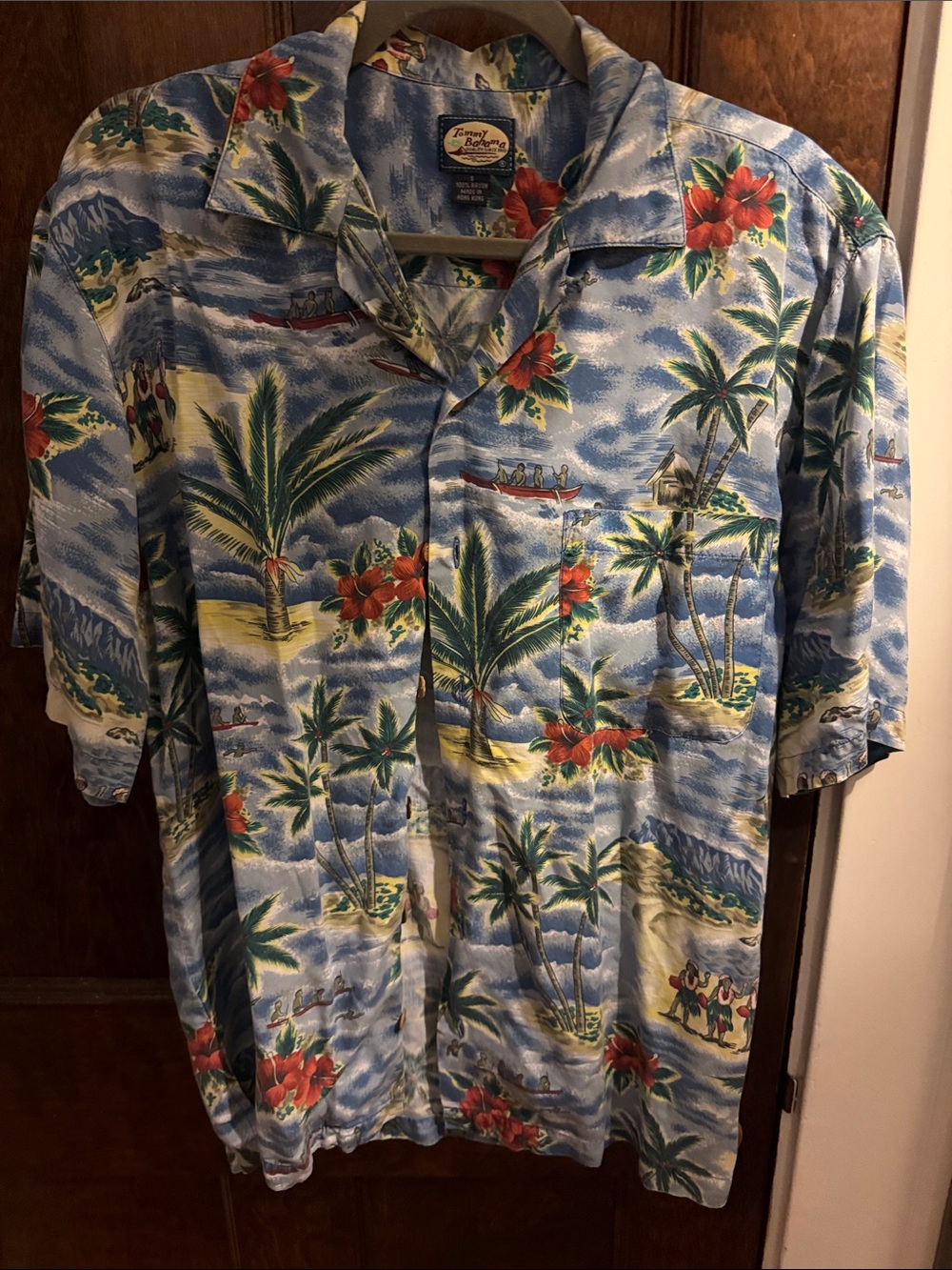 Tommy Bahama Blue Hawaiian Camp Shirt with Red Hibiscus